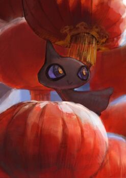 blue_eyes blue_sclera colored_sclera gen_3_pokemon ghost highres lantern nintendo no_humans paper_lantern pokemon pokemon_(creature) pokemon_focus shuppet smile smolmushroomm solo