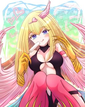 Rule 34 | 1girl, bare shoulders, black leotard, blonde hair, blue eyes, blush, breasts, cleavage, closed eyes, clothing cutout, duel monster, harpie girl (yu-gi-oh!), heart, large breasts, leotard, momobesaeka, navel, solo, stomach cutout, talons, tongue, tongue out, watermark, winged arms, wings, yu-gi-oh!