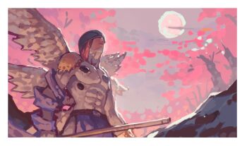 Rule 34 | abs, angel, angel wings, angemon, armor, bly mead, bodysuit, cherry blossoms, covered eyes, digimon, digimon (creature), digimon adventure, forest, helmet, helmet over eyes, highres, holding, holding staff, large pectorals, loincloth, long hair, looking up, moon, multiple wings, muscular, muscular male, nature, orange hair, pectorals, shoulder armor, staff, tight clothes, white bodysuit, wings