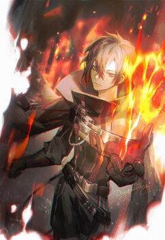 Rule 34 | 1boy, asymmetrical sidelocks, ayn alwyn, ayn alwyn (eden), belt, black belt, black cloak, black gloves, black hair, black jacket, black pants, border, chest belt, chinese commentary, cloak, closed mouth, colored tips, commentary request, cowboy shot, dywx poison, embers, fire, gloves, hair between eyes, high collar, highres, irregular border, jacket, long sleeves, looking at viewer, lovebrush chronicles, male focus, multicolored hair, multiple belts, open hand, pants, pyrokinesis, red eyes, red hair, short hair, sidelocks, solo, standing, white border