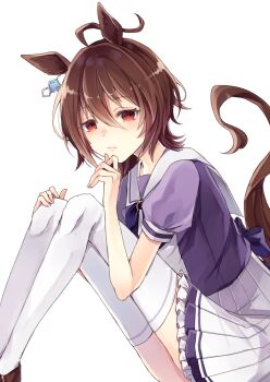 1girl agnes_tachyon_(umamusume) ahoge animal_ears bow bowtie brown_hair chemical_structure closed_mouth commentary_request ear_ornament earrings hair_between_eyes hand_on_own_chest hand_up highres horse_ears horse_girl jewelry knees_up pleated_skirt puffy_short_sleeves puffy_sleeves purple_bow purple_bowtie purple_shirt red_eyes remokawa sailor_collar shirt shirt_tucked_in short_hair short_sleeves simple_background single_earring skirt solo split_mouth thighhighs umamusume white_background white_sailor_collar white_skirt white_thighhighs zettai_ryouiki