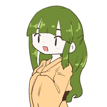 1girl black_eyes deformed double-parted_bangs green_hair highres japanese_clothes kimono long_hair long_sleeves looking_ahead olto_rondo open_mouth original simple_background smile solo upper_body white_background wide_sleeves yellow_kimono |_|