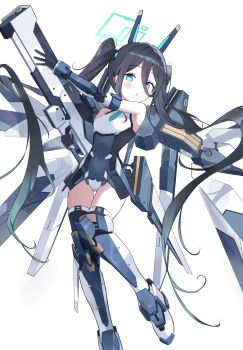 1girl absurdres aris_(armed)_(blue_archive) aris_(blue_archive) black_gloves blue_archive blue_eyes blue_halo blue_leotard blue_necktie boots commentary detached_sleeves gamgyul gloves gun hair_between_eyes halo highres holding holding_gun holding_weapon leotard long_hair looking_at_viewer mecha_musume necktie official_alternate_costume official_alternate_hairstyle rifle solo thigh_boots twintails very_long_hair weapon