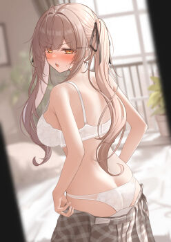 1girl ahoge ass blurry blush bra breasts brown_eyes brown_hair brown_skirt butt_crack commentary_request depth_of_field embarrassed fang hair_intakes highres imouto-chan_(monaka_curl) indoors long_hair looking_at_viewer looking_back medium_breasts monaka_curl nose_blush open_mouth original paid_reward_available panties peeking plaid_clothes plaid_skirt skirt solo sweat twintails underwear undressing voyeur_pov walk-in white_bra white_panties