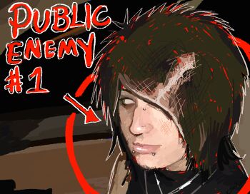 1boy arrow_(symbol) bags_under_eyes black_eyes black_hair bridge_piercing carpwood circle clip_studio_paint_(medium) cry_of_fear english_text face_piercing hair_over_one_eye lip_piercing looking_to_the_side male_focus piercing portrait short_hair simon_henriksson solo