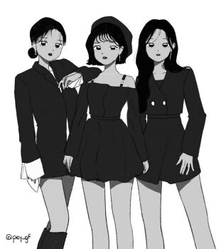 Rule 34 | 3girls, bob cut, boots, commentary, cropped jacket, dress, earrings, eunha (gfriend), gfriend, greyscale, hair bun, hat, highres, jacket, jewelry, long hair, looking at viewer, monochrome, multiple girls, necklace, parted lips, pey gf, sinb (gfriend), twitter username, umji (gfriend), viviz