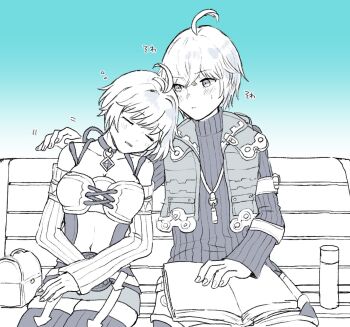 1boy 1girl ahoge bare_shoulders blue_background blush book breasts chomo_(engawaparty) cleavage closed_eyes closed_mouth collarbone commentary_request fiora_(xenoblade) gradient_background hair_between_eyes highres long_sleeves medium_breasts monochrome navel on_bed open_book open_clothes open_vest parted_lips ribbed_sweater short_shorts shorts shulk_(xenoblade) sitting sleeping sleeping_upright sleeves_past_wrists sweat sweater turtleneck turtleneck_sweater vest xenoblade_chronicles_(series) xenoblade_chronicles_1