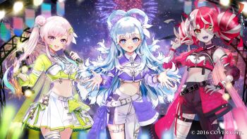 3girls :d aerial_fireworks airani_iofifteen asymmetrical_clothes bilingual_commentary black_pants blue_eyes blue_hair blunt_ends braid center_frills collared_shirt color-coded colored_skin colored_tips colored_tongue commentary copyright_notice cropped_shirt detached_sleeves diamond-shaped_pupils diamond_(shape) double_bun english_commentary fireworks frills garter_straps gradient_eyes gradient_hair green_eyes green_shirt grey_hair grey_skin hair_bun half_up_braid hand_on_own_hip hand_up hands_up heterochromia high_ponytail holding holding_microphone hololive hololive_idol_uniform_(color_rise) hololive_indonesia idol_clothes impaled kobo_kanaeru kureiji_ollie long_hair long_sidelocks looking_at_viewer microphone midriff miniskirt mismatched_pupils mixed-language_commentary multicolored_eyes multicolored_hair multicolored_shirt multicolored_skin multiple_girls navel night official_alternate_costume official_art open_mouth overskirt palette_hair_ornament pants patchwork_skin pink_hair ponytail puffy_detached_sleeves puffy_short_sleeves puffy_sleeves purple_eyes purple_shirt purple_tongue red_eyes red_hair red_shirt shirt short_sleeves side_ponytail side_up_bun sidelocks single_detached_sleeve single_garter_strap single_pantsleg single_sleeve skirt smile sowon split_ponytail stitched_face stitched_leg stitches sword symbol-shaped_pupils teeth thigh_strap two-tone_skin upper_teeth_only v virtual_youtuber weapon white_hair white_shirt white_skirt x-shaped_pupils yellow_eyes zombie