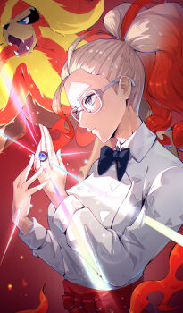 1girl absurdres apron black_bow black_bowtie bow bowtie gen_6_pokemon glasses glowing_gem gradient_hair grey_eyes grey_hair griselle_(pokemon) highres jewelry kumo33 mega_pokemon mega_pyroar mega_stone multicolored_hair nintendo pokemon pokemon_(creature) pokemon_legends:_z-a ponytail pyroar red_apron red_hair ring shirt white_shirt