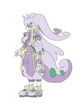 1girl animification antennae belt breasts check_commentary closed_mouth commentary_request from_side gen_6_pokemon goodra green_belt green_eyes green_hair green_nails green_socks highres humanization jacket long_hair long_sleeves lower_eyelashes_only monster_girl multicolored_hair nintendo pants partially_unzipped pocket pokemon purple_hair purple_jacket purple_pants sidelocks sleeve_zipper slug_girl smile socks solo suspenders suspenders_hanging tail ty_z15 very_long_hair white_background