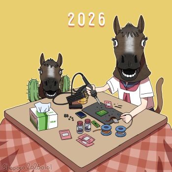 1girl 2026 artist_name cactus cat_girl cat_tail chinese_zodiac circuit_board commentary_request dated highres holding horse_mask kotatsu looking_at_viewer mask neckerchief original red_neckerchief sailor_collar school_uniform serafuku shapoco shirt short_sleeves sitting soldering soldering_iron solo table tail tissue_box white_shirt year_of_the_horse yellow_background