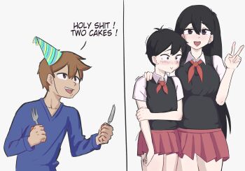 absurdres black_hair blush brother_and_sister brown_hair crossdressing crossdressing_(mtf) dark-skinned_male dark_skin hat hero_(faraway)_(omori) hero_(omori) highres long_hair louveg25 mari_(faraway)_(omori) mari_(omori) omori pale_skin party_hat short_hair siblings skirt sunny_(omori) trap vest