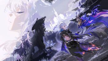 1girl absurdres black_jacket black_wings blue_hair breasts closed_eyes cropped_jacket dutch_angle feathered_wings from_behind galbrena_(wuthering_waves) grey_hair hand_up highres jacket looking_at_viewer looking_back medium_breasts missing_commentary multiple_views mutation outdoors profile rafaelaaa sideways_glance single_wing solo tacet_discord_(wuthering_waves) tacet_mark_(wuthering_waves) wings wuthering_waves