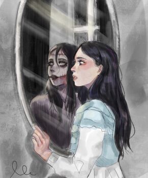 1girl black_hair commentary different_reflection english_commentary fear_&amp;_hunger_(series) fear_&amp;_hunger_2:_termina highres long_hair long_sleeves mirror parted_lips reflection selcouth solo stitched_forehead stitched_mouth stitches stitches_(fear_&amp;_hunger)
