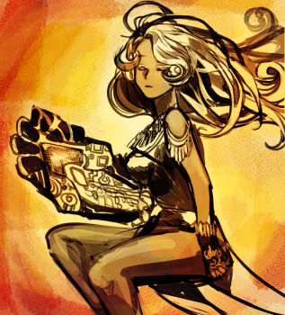 Rule 34 | blonde hair, dark skin, dress, closed eyes, gauntlets, gloves, jewelry, king of greed, lobotomy corporation, magical girl, project moon, single gauntlet, sleeveless, sleeveless dress, yellow background