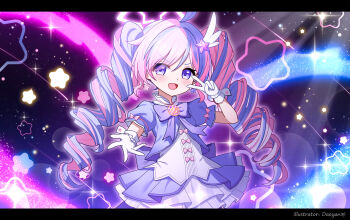 1girl :d absurdres ahoge artist_name blue_archive blue_dress blue_hair blush bow bowtie commentary cowboy_shot daoyan dress dress_bow drill_hair earrings eyes_visible_through_hair frilled_dress frills gloves hair_between_eyes hair_intakes hair_ornament hands_up highres jewelry letterboxed long_hair looking_at_viewer magical_girl making-of_available multicolored_hair night night_sky official_alternate_costume official_alternate_hairstyle open_mouth outdoors outstretched_hand pink_bow pink_hair purple_bow purple_bowtie purple_eyes reaching reaching_towards_viewer reisa_(blue_archive) reisa_(magical)_(blue_archive) sidelocks sky sleeve_bow smile smug solo sparkle star_(symbol) star_earrings star_hair_ornament streaked_hair tareme twin_drills twintails two-tone_dress two-tone_hair v v-shaped_eyebrows v_over_eye very_long_hair white_dress white_gloves wing_hair_ornament