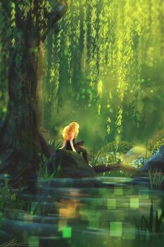 1girl artist_name barefoot black_leggings black_shirt blonde_hair curly_hair flower forest full_body grass in_tree leggings light_particles long_hair nature original outdoors painterly reflection reflective_liquid rock scenery shirt signature sitting sitting_in_tree solo tree willow zandra