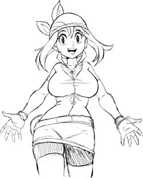 bandana bike_shorts breasts cleft_of_venus fanny_pack fingerless_gloves gloves highres large_breasts looking_at_viewer may_(pokemon) medium_hair nintendo pokemon pokemon_rse sketch teevo