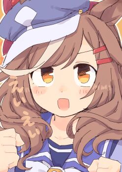 1girl animal_ears blue_hat blush bow brown_hair commentary_request ear_covers ear_ornament ears_through_headwear ei_ei_mun! hair_ornament hairclip hat highres horse_ears horse_girl looking_at_viewer matikanetannhauser_(umamusume) medium_hair multicolored_hair newsboy_cap open_mouth org_knight smile solo streaked_hair tilted_headwear umamusume yellow_eyes