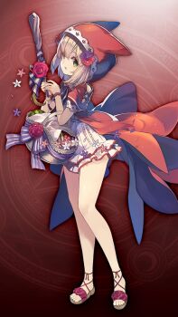 1girl :o basket bracelet cape carrying flower full_body green_eyes hair_flower hair_ornament holding hood jewelry sandals short_sleeves solo twinkle_stick_(grimms_notes) wand