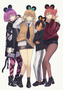 4girls absurdres animal_ears arm_across_waist bare_shoulders black_boots black_hair black_jacket black_nails black_shirt black_shoes black_shorts black_skirt blonde_hair blush boots bow brown_hair brown_pantyhose cafe_au_lait_(kafeore) closed_mouth colored_inner_hair commentary_request dark-skinned_female dark_skin double_v embarrassed fake_animal_ears full_body green_bow hair_bun highres houndstooth jacket kokage_mikachika leggings loafers miniskirt mouse_ears multicolored_hair multiple_girls off-shoulder_sweater off_shoulder original pants pantyhose pantyhose_under_shorts purple_bow purple_eyes purple_hair purple_leggings red_bow red_hair red_sweater shirt shoes short_hair shorts simple_background single_side_bun skirt smile standing striped_clothes striped_shirt sweater sweater_vest takamori_minami tall_female tomboy track_pants v vertical-striped_clothes vertical-striped_shirt vest white_background white_pants white_shirt yellow_bow yellow_eyes yellow_vest