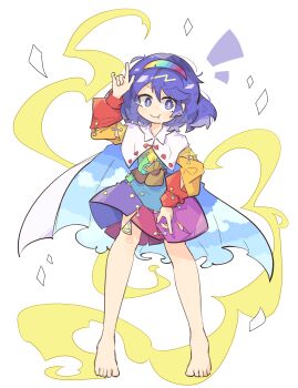 1girl :t ability_card_(touhou) aura bare_legs barefoot blue_cape blue_eyes blue_hair cape cloak cloud_print commentary_request dress feet full_body hairband highres medium_hair multicolored_dress multicolored_hairband patchwork_clothes pointing pointing_down pointing_up primsla rainbow_gradient rainbow_hairband short_dress simple_background sky_print solo standing tenkyuu_chimata toes touhou two-sided_cape two-sided_fabric white_background white_cape white_cloak zipper_pull_tab