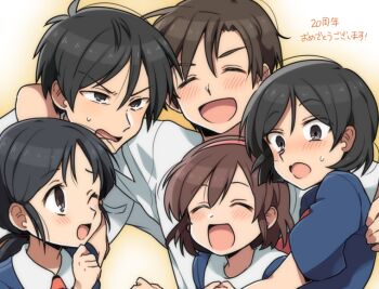 Rule 34 | 2boys, 3girls, ahoge, alternate form, annoyed, black eyes, black hair, blue shirt, blush, brother and sister, brown eyes, brown hair, closed eyes, collared shirt, corpse party, embarrassed, headband, itukik, japanese text, kishinuma yoshiki, mochida satoshi, mochida yuka, multiple boys, multiple girls, nakashima naomi, necktie, one eye closed, open mouth, pink headwear, red neckwear, school uniform, shinozaki ayumi, shirt, siblings, tareme, translation request, tsurime, white shirt, wink