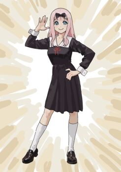 Rule 34 | 1girl, black bow, black dress, black shoes, blue eyes, bow, closed mouth, commentary request, contrapposto, dress, fujiwara chika, full body, h4sh1rnoto, hair bow, hand on own hip, hand up, highres, kaguya-sama wa kokurasetai ~tensai-tachi no renai zunousen~, loafers, long hair, long sleeves, looking at viewer, neck ribbon, pink hair, red ribbon, ribbon, school uniform, shoes, shuuchiin academy school uniform, smile, socks, solo, standing, white socks, yellow background