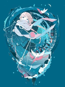 1girl analog_clock bag bird blue_eyes braid brown_hair clock dove handbag highres long_hair long_skirt night night_sky nocopyrightgirl original scarf skirt sky snowflakes solo twin_braids winter