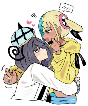 2girls bad_id bad_pixiv_id blonde_hair blue_eyes blue_hair blush canari_(pokemon) closed_mouth coat dark-skinned_female dark_skin from_side gwynn_(pokemon) han0579 hat heart highres hug jacket long_sleeves looking_at_another mask_pull multicolored_hair multicolored_nails multiple_girls nintendo open_mouth pokemon pokemon_legends:_z-a purple_eyes purple_hair split-color_hair spoken_blush two-tone_hair two-tone_nails upper_body white_background white_coat yellow_jacket yuri