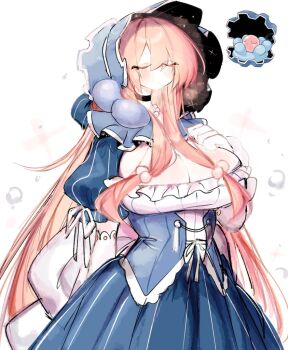 1girl breasts choker clam clamperl cleavage cleavage_cutout closed_eyes clothing_cutout dress gen_3_pokemon hair_bobbles hair_ornament hand_on_own_chest huge_breasts large_breasts long_hair nintendo pink_hair pokemon pokemon_(creature) ribbon solo usa37107692 very_long_hair