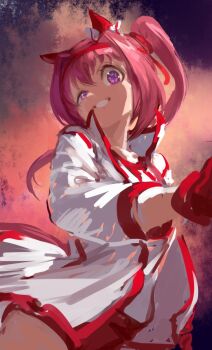 Rule 34 | 1girl, animal ears, bow, buruma, ear bow, ear covers, flower-shaped pupils, flower in eye, gloves, hairband, haru urara (bestest prize) (umamusume), haru urara (umamusume), headband, highres, horse ears, horse girl, horse tail, inishie kumo, jacket, long hair, looking at viewer, multiple girls, open mouth, pink buruma, pink eyes, pink hair, pink headband, ponytail, red buruma, red gloves, red headband, shirt, smile, solo, symbol-shaped pupils, symbol in eye, tail, umamusume