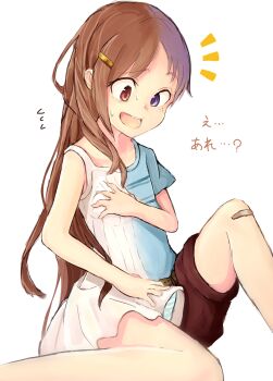 1boy 1girl bandaged_leg bandages black_hair blue_eyes blue_shirt breasts brother_and_sister brown_hair brown_shorts commentary_request dress erection flying_sweatdrops freckles fusion genderswap grabbing_own_breast gradient_hair heterochromia highres long_hair looking_at_self looking_down multicolored_hair original panties red_eyes rufsnart shirt shorts siblings simple_background small_breasts smile striped_clothes striped_panties sweat underwear white_background white_dress worried