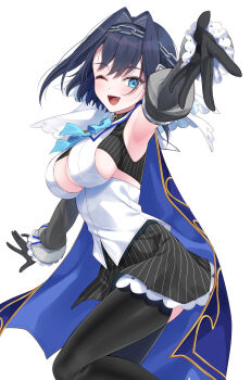 1girl ;d absurdres arm_up armpits black_gloves black_shirt black_skirt black_thighhighs blue_bow blue_bowtie blue_cape blue_eyes blue_hair bow bow_earrings bowtie breasts cape chain chain_headband cleavage_cutout clothing_cutout commentary cropped_shirt detached_sleeves earrings fangs frilled_skirt frilled_sleeves frills gloves grey_sleeves hair_intakes half-skirt hashtag-only_commentary highres hololive hololive_english jewelry juliet_sleeves large_breasts long_sleeves looking_at_viewer miniskirt mogu_(au1127) one_eye_closed open_mouth ouro_kronii ouro_kronii_(1st_costume) outstretched_arm pinstripe_pattern pinstripe_shirt pinstripe_skirt puffy_sleeves sailor_collar shirt short_hair simple_background skirt smile solo teeth thighhighs upper_teeth_only veil vest virtual_youtuber white_background white_sailor_collar white_veil white_vest