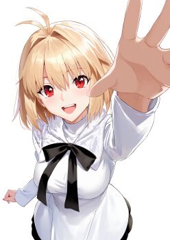 1girl absurdres arcueid_brunestud blonde_hair blush breasts commentary_request highres i.f.s.f large_breasts long_sleeves looking_at_viewer neck_ribbon official_alternate_costume open_mouth outstretched_arm red_eyes ribbon short_hair smile snow sweater tsukihime tsukihime_(remake) white_background white_sweater