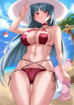 1girl alolan_exeggutor alolan_form bare_shoulders beach bikini blue_hair blush bracelet breasts choker cleavage commentary_request florida_bikini gen_1_pokemon gen_7_pokemon hat highres hikari_(komitiookami) jewelry long_hair looking_at_viewer navel nintendo poke_ball poke_ball_(basic) pokemon pokemon_(creature) pokemon_firered_and_leafgreen red_bikini red_eyes sabrina_(pokemon) slowbro sun_hat swimsuit thighs white_hat