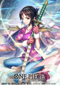 1girl black_hair boots brown_eyes closed_mouth coat commentary_request copyright_name denim epaulettes eyewear_on_head floating_clothes gloves hair_bun haru_(toyst) holding holding_sword holding_weapon jeans kneeling official_art one_piece one_piece_card_game pants pink_boots pink_coat pink_gloves purple_shirt shirt sidelocks smoke solo sword tashigi weapon wind