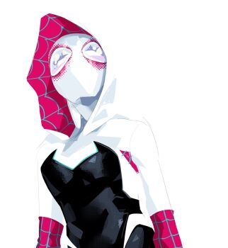 1girl black_bodysuit bodysuit breasts highres hood hooded_bodysuit looking_up marvel medium_breasts multicolored_bodysuit pink_bodysuit simple_background solo spider-gwen spider-man_(series) spider-verse spider_web_print stitchedspider superhero_costume upper_body white_background white_bodysuit white_mask