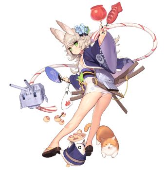 1girl alternate_costume animal_ears apple ass azur_lane breasts candy_apple cat festival fireworks fish floral_print flower food fruit full_body goldfish goldfish_scooping green_eyes grey_hair hair_flower hair_ornament hand_fan ikayaki japanese_clothes kimono kinjo_kuromomo kitakaze_(azur_lane) kitakaze_(celebration_conquest!)_(azur_lane) looking_at_viewer manjuu_(azur_lane) night obi official_alternate_costume official_art panties paper_fan print_kimono rabbit_ears sandals sash scabbard sheath short_hair short_kimono short_sword short_yukata small_breasts squid tachi-e takoyaki tantou transparent_background underwear weapon weapon_on_back white_panties wide_sleeves yukata