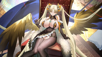 1girl absurdres artist_request blonde_hair breasts closed_mouth commentary covered_navel earrings echocalypse elbow_gloves feather_boa feathered_wings gloves hair_ornament highres jewelry kira_(echocalypse) large_breasts mole mole_on_breast mole_under_eye official_art pantyhose sitting sitting_on_throne solo throne twintails wings yellow_eyes yellow_wings