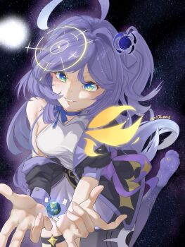 1girl ahoge artist_name black_coat blue_eyes borrowed_character breasts chinese_commentary coat coat_partially_removed collared_shirt commentary_request destruction earth_(planet) english_text feet from_above giant giantess green_eyes hair_intakes head_tilt highres hololens_ao legs light_blush long_hair long_sleeves looking_at_viewer moon multicolored_coat multicolored_eyes original planet planetary_destruction purple_coat purple_hair purple_ribbon raised_eyebrows ribbon shirt side_ponytail single_bare_shoulder skindentation small_breasts smile solo star_(sky) starry_skin starry_sky_background sun teeth two-tone_coat very_long_hair white_shirt yellow_eyes