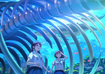 2girls absurdres animal_skeleton arm_up blue_bow blue_bowtie blue_eyes blue_hair blue_sailor_collar blue_skirt blush bone bow bowtie brown_hair caustics commentary_request dappled_sunlight fish grin hand_grab highres multiple_girls nap_on_a_cloud open_mouth original purple_eyes refraction sailor_collar school_uniform seafloor serafuku skirt smile sunlight teeth turtle upper_teeth_only whale white_serafuku