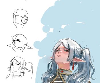 1girl blue_sky capelet clear_sky commentary earrings elf english_commentary frieren green_eyes hair_over_shoulder half-closed_eyes head_back highres how_to jewelry kenetii lineart long_hair long_pointy_ears looking_down multiple_views parted_bangs pointy_ears sky smile sousou_no_frieren teardrop_earrings twintails upper_body upward_angle_frieren_drawing_(meme) white_capelet