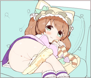 1girl :3 abaji anal_beads anal_tail animal_hat anus aqua_eyes ass bag blush brown_hair butt_plug cat_hat cat_tail clothes_pull couch fake_tail fang female_focus hat loli long_sleeves lying on_couch on_side original panties panty_pull pillow print_panties pussy sex_toy short_twintails skirt smug socks solo tail thighs twintails underwear yellow_panties