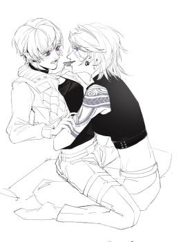 2girls animal_ears arm_around_waist arm_tattoo black_choker blue_eyes blush chinese_commentary choker cinnabar_(path_to_nowhere) commentary_request crop_top food_in_mouth greyscale hand_on_another&#039;s_ass highres jacket looking_at_another lxychristina monochrome multiple_girls open_mouth pants path_to_nowhere purple_eyes shirt short_hair sitting sitting_on_lap sitting_on_person sleeveless sleeveless_shirt spot_color tattoo yuri zoya_(path_to_nowhere)