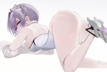 1girl absurdres all_fours armored_footwear ass bare_shoulders bbul_horn breasts detached_sleeves from_behind goddess_of_victory:_nikke hair_between_eyes hair_intakes highres leotard liberalio_(nikke) looking_at_viewer looking_back pantyhose purple_hair red_eyes see-through_pantyhose sheer_pantyhose short_hair simple_background solo white_background white_leotard white_sleeves