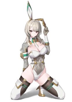 Rule 34 | 1girl, absurdres, animal ears, armband, between breasts, black survival, breasts, brown thighhighs, cleavage, clothes between breasts, commentary request, covered navel, detached collar, eternal return: black survival, fake animal ears, gold sandals, gold trim, grey eyes, grey leotard, grey shrug, hand up, haze (black survival), high heel sandals, high heels, highleg, highleg leotard, highres, korean commentary, lapis0 0, large breasts, leotard, long hair, long sleeves, looking at viewer, multicolored leotard, necktie, necktie between breasts, official alternate costume, playboy bunny, rabbit ears, red pupils, sandals, short necktie, shrug (clothing), simple background, skindentation, solo, squatting, strapless, strapless leotard, thighhighs, thighs, two-tone leotard, white background, white hair, white leotard, white necktie, white thighhighs, wing collar