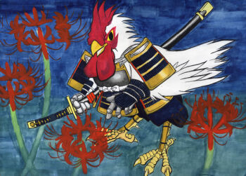 Rule 34 | armor, bird, breastplate, chicken, flower, gloves, japanese armor, katana, kote, kusazuri, no humans, pixiv fantasia, pixiv fantasia 1, red flower, rooster, samurai, sheath, sheathed, shoulder armor, sode, spider lily, suneate, sword, weapon, yabu houki gomi, yaburebouki akuta