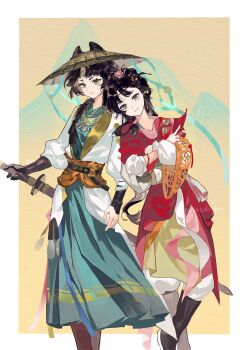 Rule 34 | 2girls, absurdres, black boots, blue eyes, boots, border, brown hat, chinese clothes, chinese commentary, coat, commentary request, cone hair bun, crossed arms, crossed legs, double bun, facial mark, feet out of frame, forehead mark, green headband, green robe, hair bun, hanfu, hat, headband, highres, holding, holding sword, holding weapon, jintian kaishi chi cui pingguo, leaning on person, leaning to the side, liang yue (reverse:1999), long braid, looking at viewer, mole, mole above eye, multiple girls, official alternate costume, outside border, pants, paper heron, red hanfu, reverse:1999, rice hat, robe, sheath, sheathed, smile, standing, sword, weapon, white border, white coat, white pants, yellow background, yellow eyes