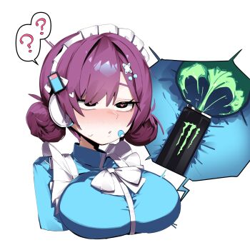 1girl ? absurdres apron bandaid bandaid_on_cheek bandaid_on_face black_eyes black_survival blush breasts commentary_request cross-section eternal_return:_black_survival hair_between_eyes hair_ornament hatsee headphones heart heart-shaped_pupils heart_hair_ornament highres huge_breasts korean_commentary maid maid_headdress medium_hair monster_energy nia_heller purple_hair sexually_suggestive short_twintails simple_background solo speech_bubble spoken_question_mark symbol-shaped_pupils twintails white_background